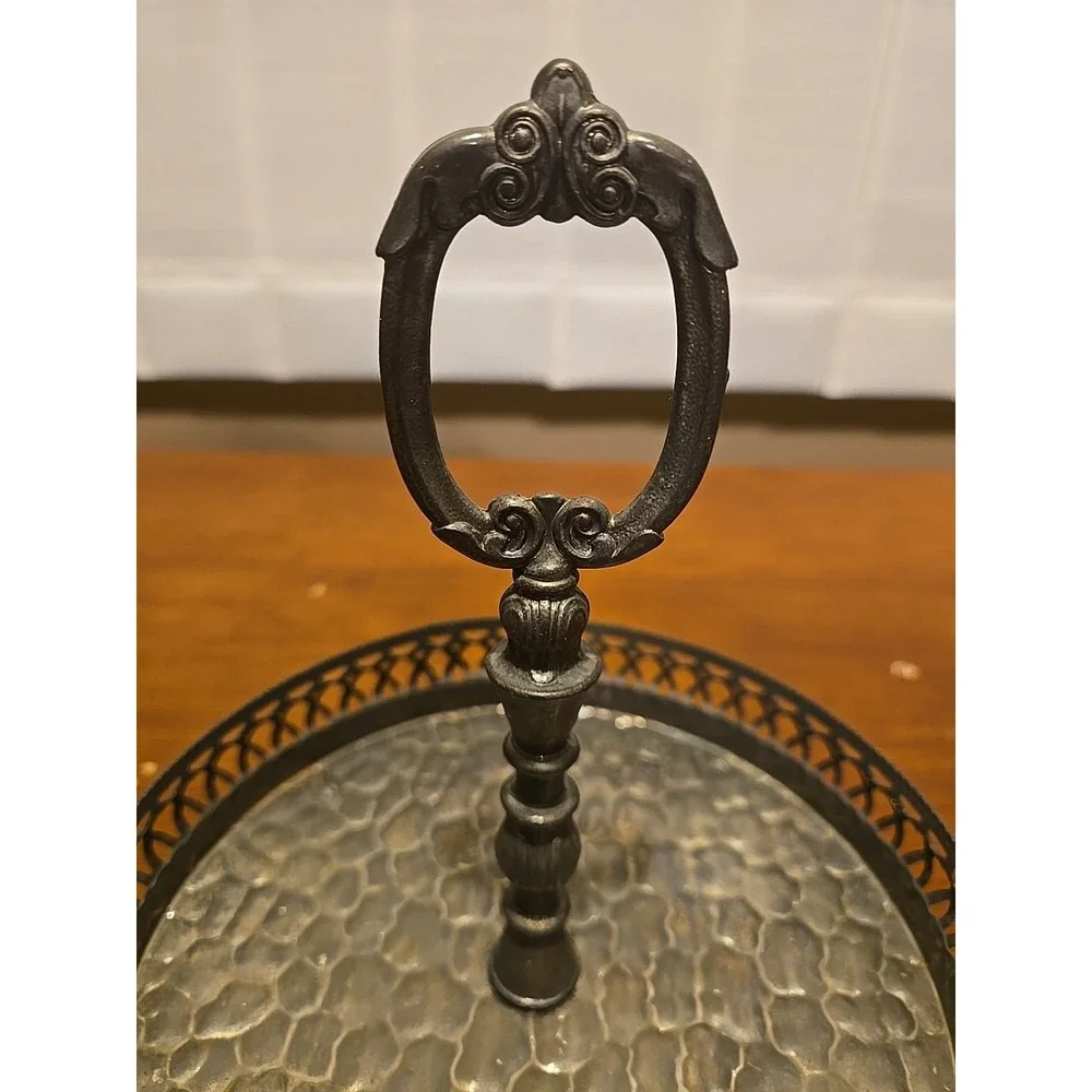 Vintage round holder bottles barware Dresser tray dish hammered table silvertone